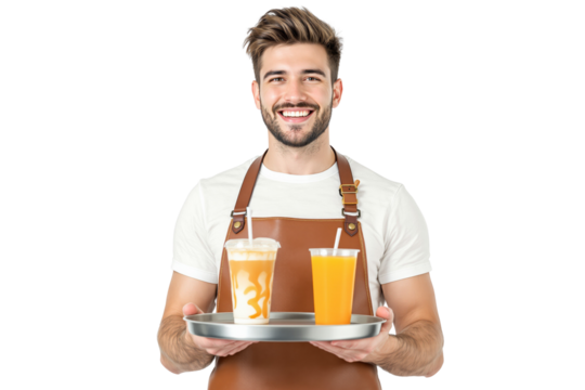 Smiling barista with brown apron holding a tray with iced coffee and orange juice. Isolated on white background. Concept of hospitality and service. Ai generative