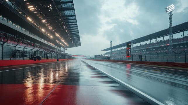 Rainy Race Track Pit Lane, Grandstand, Stormy Sky