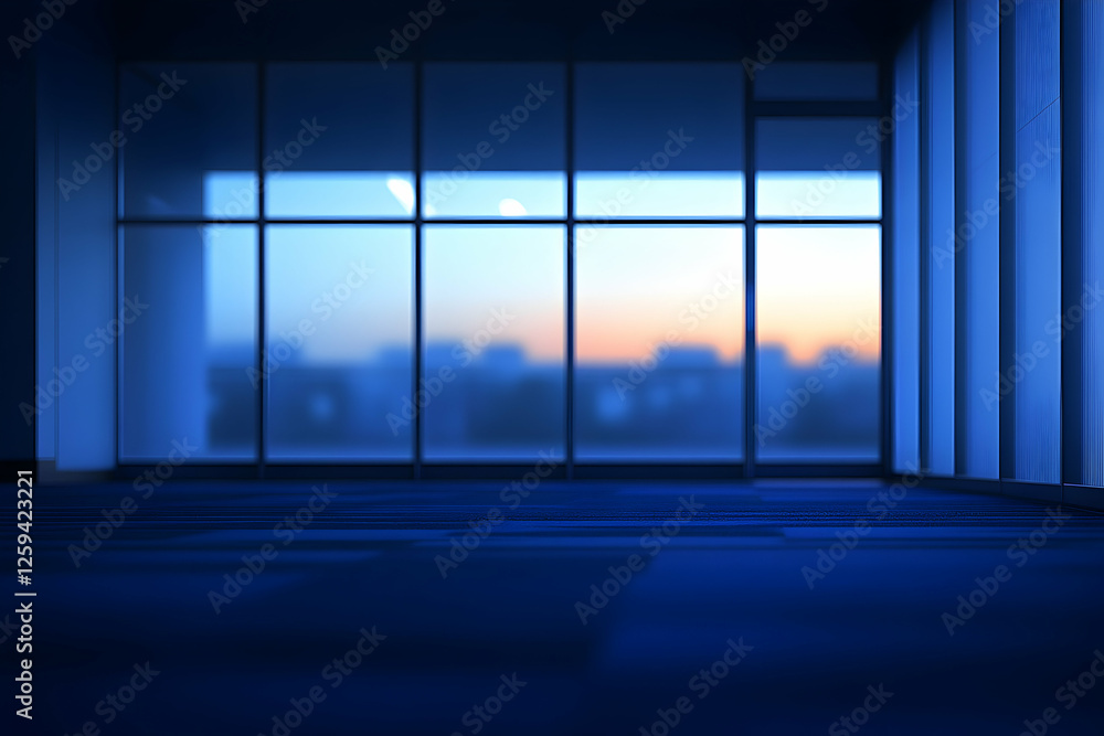 Poster serene twilight view from a modern office, showcasing a tranquil cityscape at sunset through large w
