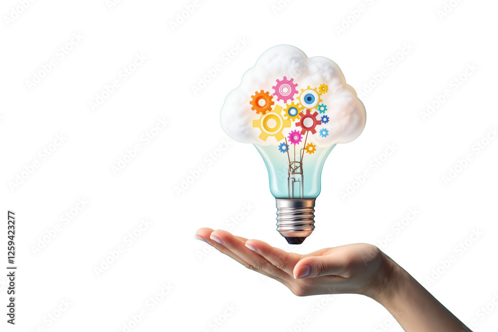 Poster light bulb with cloud and colorful gears floating above an open hand on white background. concept of