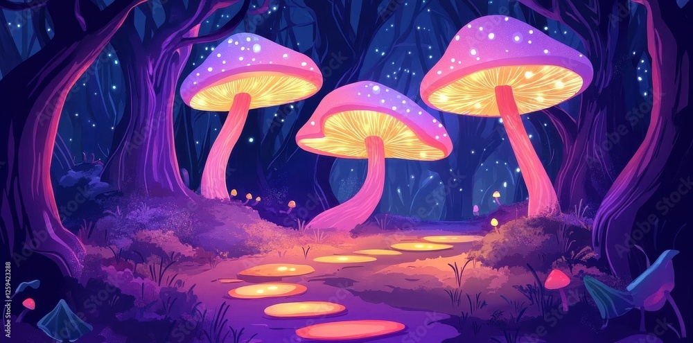Poster luminous mushrooms illuminate a path through an enchanted forest