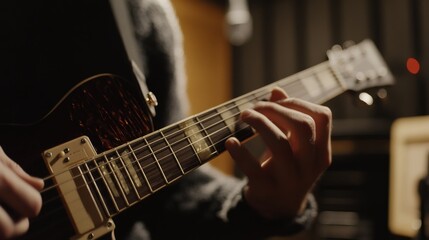 Fototapeta premium Detailed view of a musician. In a recording studio. Showcasing musical skills and instrument handling. Ideal for music and recording themes.