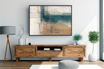 Vintage Charm: Distressed Wooden Cabinet and Art Poster in Modern Living Room Interior