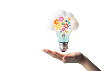 Light bulb with cloud and colorful gears floating above an open hand on white background. Concept of innovation, creativity, and brainstorming. Ai generative
