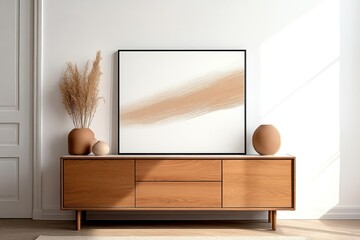 Modern Scandinavian Living Room with Wooden Dresser and Art Poster on White Wall