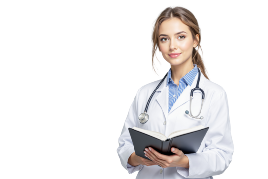 Confident female doctor in white coat with stethoscope holding a book, isolated on white background. Medical education and healthcare concept. Ai generative