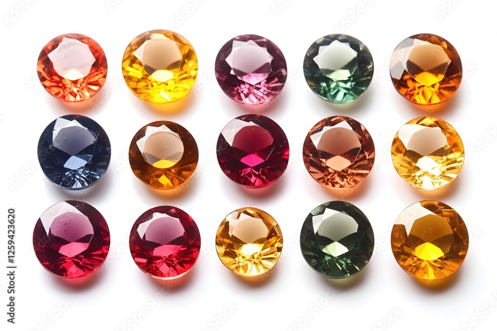 Poster array of colorful faceted gems sparkling on white background jewelry design concept