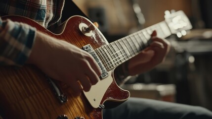 Detailed view of a musician in a recording studio showcasing musical skills and instrument handling. Ideal for music and recording themes with detailed musician's hands playing a guitar.