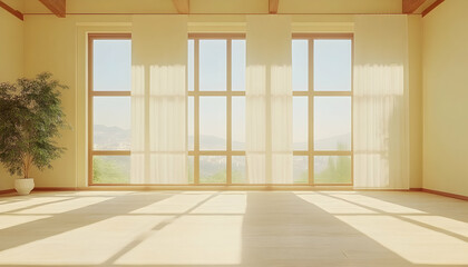 Fototapeta premium Serene sunlit room interior with large windows, sheer curtains, and a potted plant, ideal for relaxation, meditation, or minimalist design inspiration.