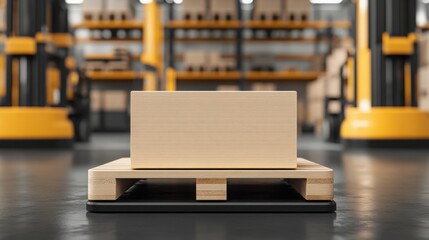 A single light beige box sits on a wooden pallet in a warehouse setting.  Yellow forklifts are blurred in the background.