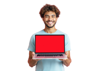Man in blue shirt holding laptop with red blank screen, isolated on white background. Concept for mockup, technology presentation, or advertisement. Ai generative