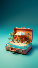 Conceptual mini beach in a suitcase, tropical destinations