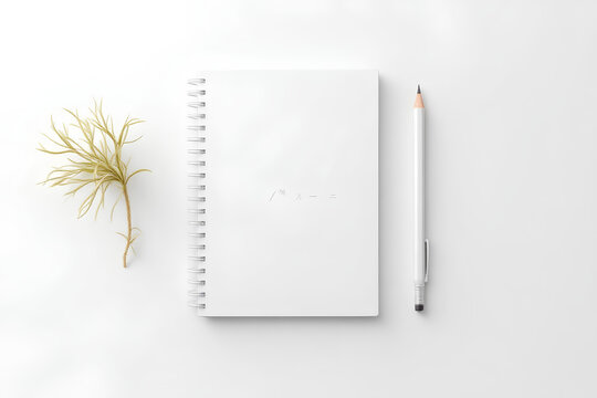 Minimalist Pi Day composition featuring a spiral notebook with integral pi symbol, a sleek white pencil, and dried foliage against a stark white backdrop