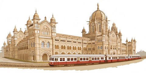 imeless Glory Chhatrapati Shivaji Maharaj Terminus with a Classic Indian Railways Train – Front View on a Pristine White Canvas