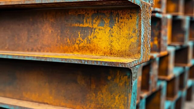 Close-up of weathered metal beams showcasing rust and texture details