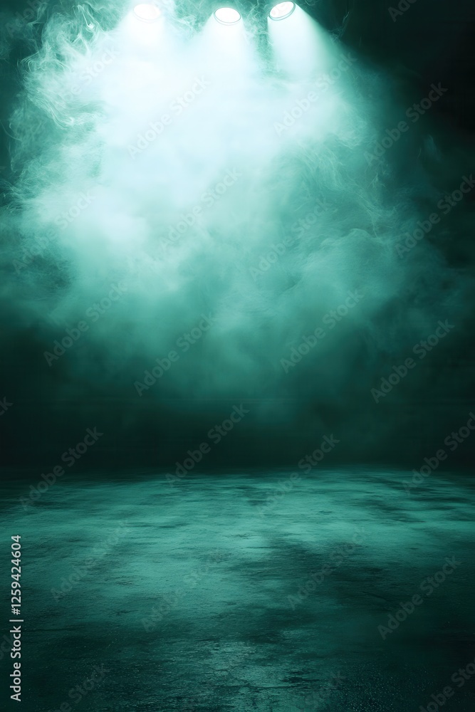 Poster dramatic stage setting with fog and spotlights creating a moody and mysterious atmosphere
