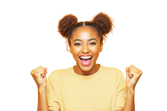 Happy young woman with curly hair in buns, wearing a yellow shirt, smiling with clenched fists on a white background. Concept of success and excitement. Ai generative