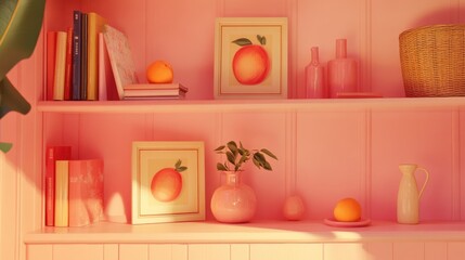 A Peach Fuzz-themed shelf display with books, vases, and framed art.