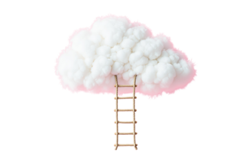 White fluffy cloud with a rope ladder leading up to it, isolated on a white background. Concept of dreams, imagination, and fantasy. Ai generative