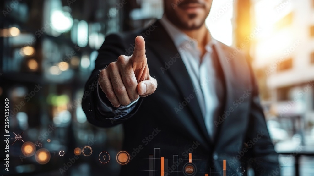 Poster businessman in suit pointing at a graph chart in a professional office setting with clear data visua