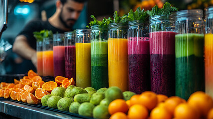 A dynamic market stall filled with an array of vibrant fruit juices in tall glass bottles, illuminated by warm golden lighting.