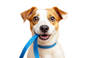 Cute Jack Russell Terrier dog with brown and white fur holding a blue leash in its mouth, wearing a matching collar, isolated on white background. Ai generative