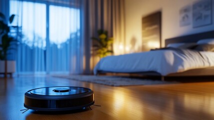 Robot vacuum cleaning bedroom floor at night