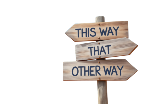 Wooden signpost with three directional arrows labeled This Way, That Way, and Other Way isolated on a white background. Concept of confusion and choices. Ai generative
