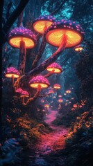 Mystical glowing mushrooms illuminate a path in a dark forest