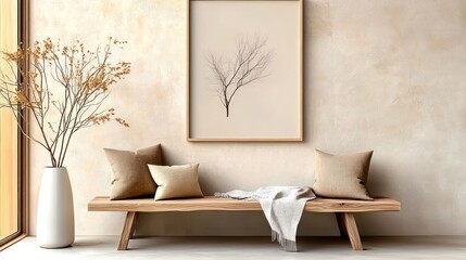 Cozy Farmhouse Entryway: Wooden Rustic Bench with Blanket and Pillows by Beige Grunge Venetian Stucco Wall and Poster Frame