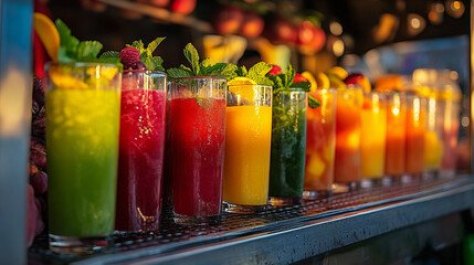 A vibrant platter of fresh tropical fruit smoothies, served in tall glasses with ice, mint leaves, and a variety of bright summer fruits.