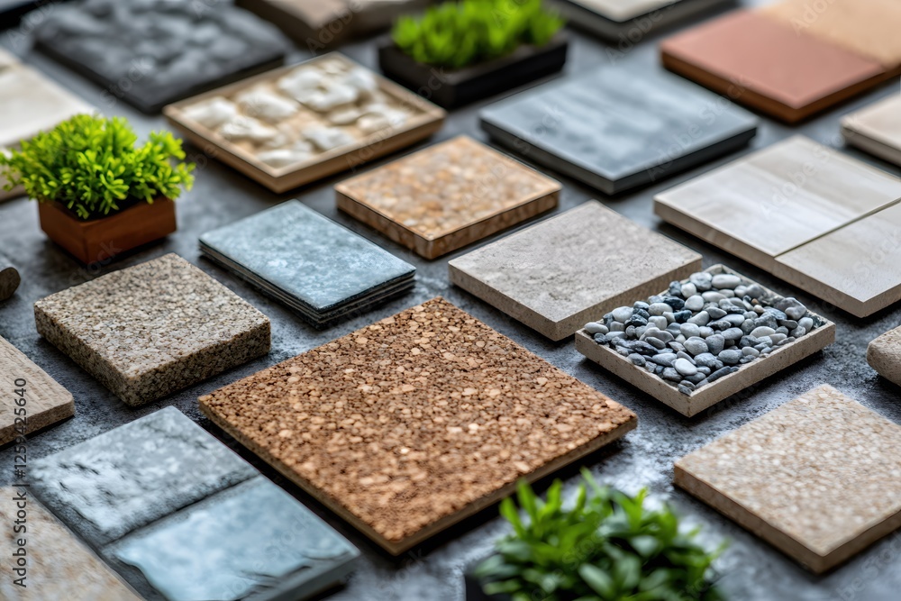 Poster assortment of unique material samples displayed on a textured surface with green accent plants
