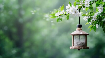 Bird feeder hanging on blossoming branch, spring garden
