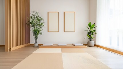 Fototapeta premium Minimalist Zen Room with Natural Light and Green Plants, Ideal for Relaxation and Meditation Practices