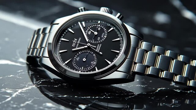 Elegant black chronograph watch on a marble surface with reflections