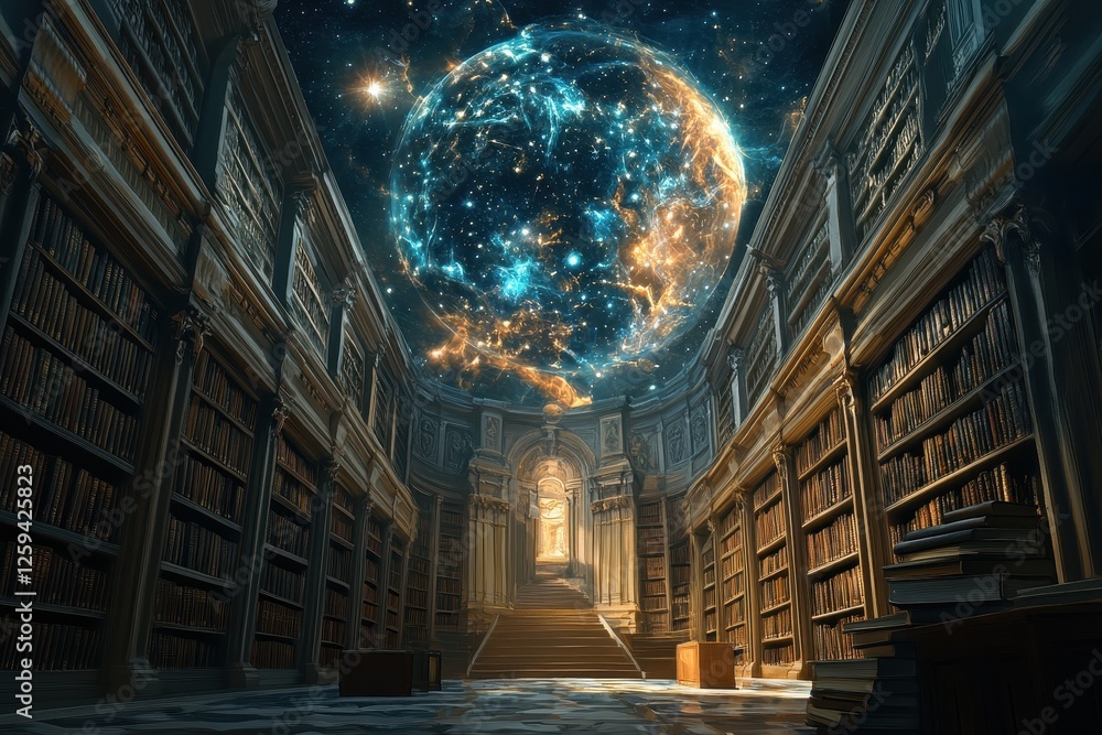 Poster opulent library with celestial sphere illuminates endless knowledge inside