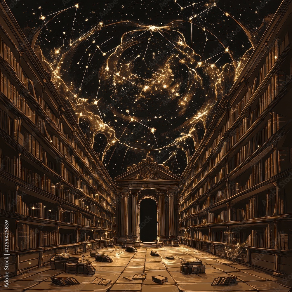 Poster celestial patterns illuminate a surreal library filled with books