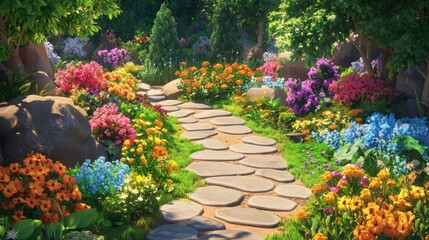 Sunlit garden path, flowers, rocks, trees; idyllic landscape, for travel brochure