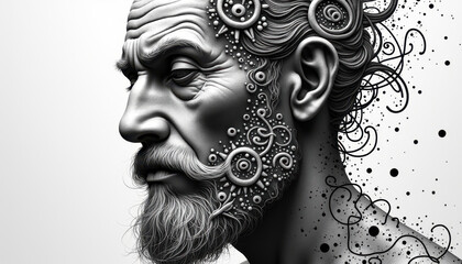 Fototapeta premium Bearded Man with Ornaments Celestial Tattoo Design