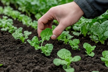 Hand planting vibrant green spinach seedlings in rich soil. Illustrates the growth and cultivation of organic produce.