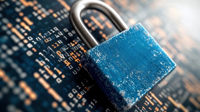 Close-up of a blue padlock on a circuit board with binary code representing digital security and protection