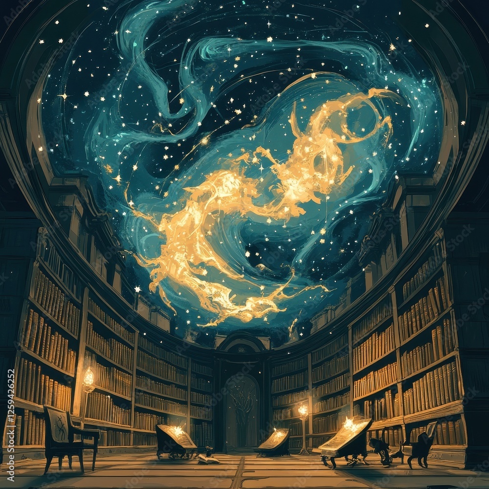Poster library ceiling transforms into a celestial spectacle with cosmic patterns