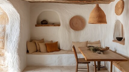 A stylish breakfast nook featuring Morning Sand walls and wooden seating.