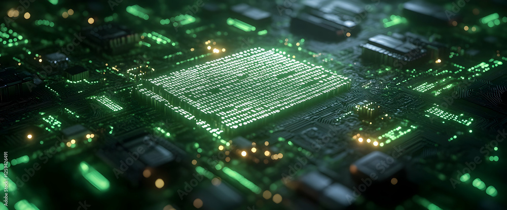Poster closeup of illuminated circuit board with processor