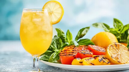 Fototapeta premium Refreshing Summer Beverage with Grilled Vegetables and Citrus Garnish on Bright Blue Background
