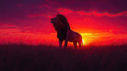 Majestic lion silhouetted against a vibrant sunset in an open savannah landscape