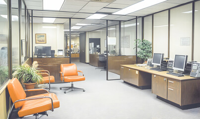 Retro office interior with orange chairs, wood desks, and vintage computers.  A glimpse of a hallway and other workstations. Perfect for nostalgic or vintage-themed projects.