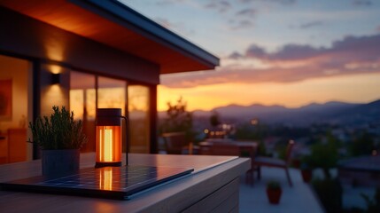 Sunset patio relaxation; tablet, lamp, plant