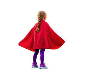 Young girl dressed as a superhero with a red cape, purple leggings, and sneakers, standing with confidence on a white background. Concept of childhood imagination. Ai generative
