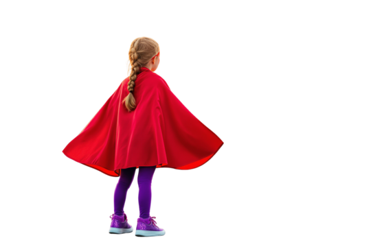 Young girl dressed as a superhero with a red cape, purple leggings, and sneakers, standing with confidence on a white background. Concept of childhood imagination. Ai generative